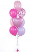 Букет из розовых, малиновых и сиреневых латексных шаров с фольгированным сердцем SH-100723