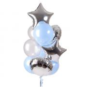 Букет из шаров небесно-голубого и серебристого цвета с фольгированными звездами SH-100685
