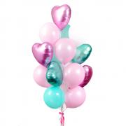 Букет из розовых и бирюзовых латексных шаров  и фольгированных  сердецSH-100709